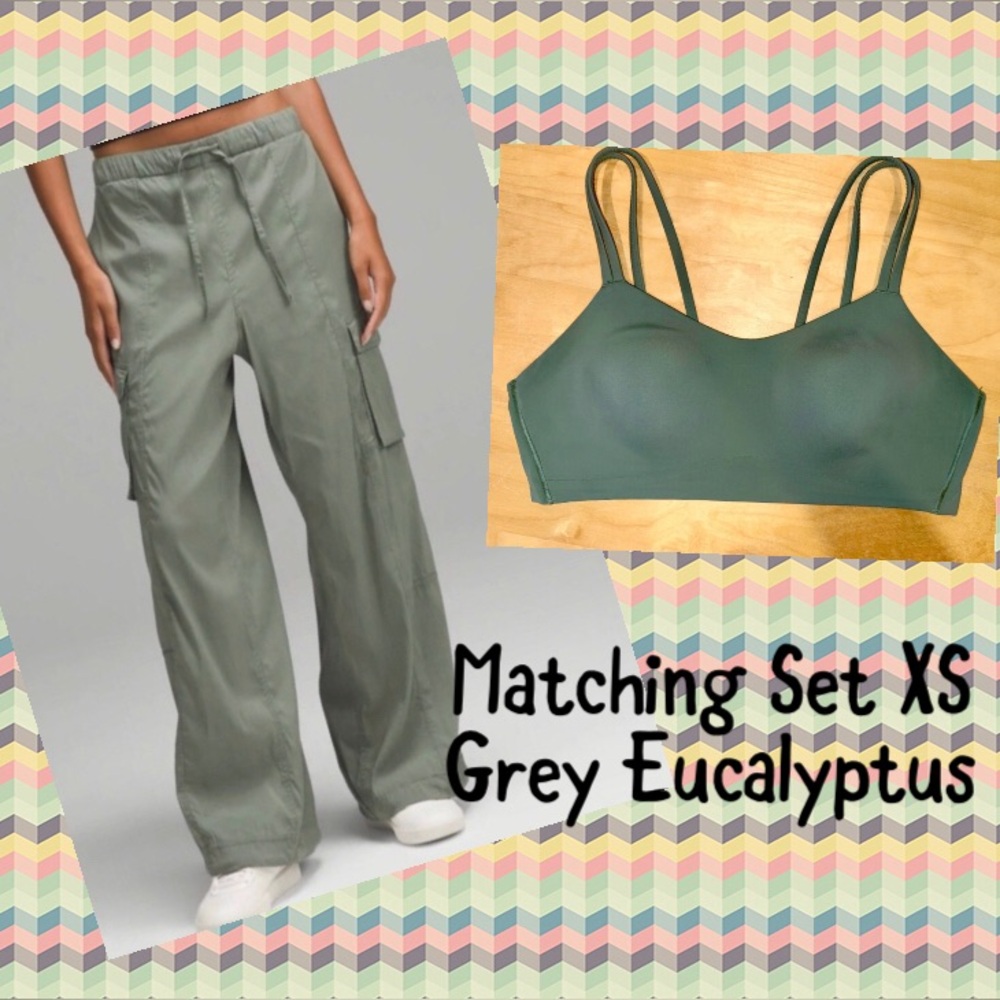 Lululemon Matching Grey Eucalyptus Cargo Studio Pants XXS 0 2 Cloud Bra 4 Set